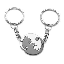 Zysta Stainless Steel Keyring with Cat Pendant Black and White Yin and Yang Keyring Love or Friendship Gift for Him, Stainless Steel