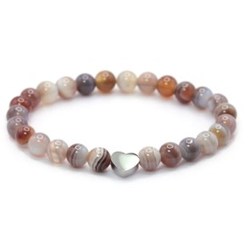 Echtes Botswana Achat Edelstein Armband mit 6mm Perlen und Edelstahlherz - verschiedene Längen - Heilstein Schutzstein Talisman Glücksbringer Geschenk (Botswana A., 14CM)