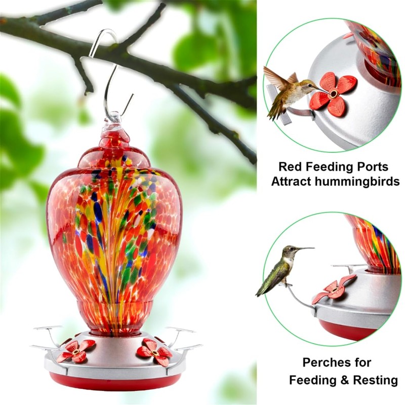 2 Pack Unique Hand Blown Glass Hummingbird Feeders for Outdoors