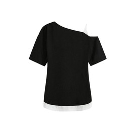 SOLY HUX Women's Gothic Grunge Cold Shoulder Short Sleeve T Shirts 2 in 1 Asymmetrical Tee Tops Black Graphic Large