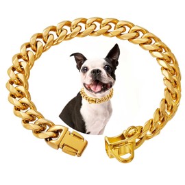 Stainless Steel Silver Gold Dog Collars with Safety Buckle Lock,18K Cuban Link Chain Training Collar,15MM Strong Dog Necklace Heavy Duty Chew Proof for Small Medium Large Dog