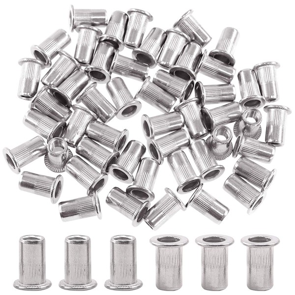 Glarks 50Pcs #10-24 UNC 304 Stainless Steel Rivet Nuts Flat Head Threaded Insert Nutserts Rivnuts Set