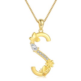 925 Sterling-Silver Letter Initial Necklaces for Women - 18K Gold Plated Inlaid Cubic Zirconia Flower Pendant Women and Girls Jewelry Gift, 18"+2", Sterling Silver, Cubic Zirconia