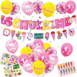 Einschulung Deko Mädchen, Schuleinführung Schulanfang Deko Set, Rosa Schulkind Luftballon mit Einhorn Meerjungfrau ABC 123 Muster, SCHULKIND Banner, Zuckertüte Girlande und Aufkleber Einschulung