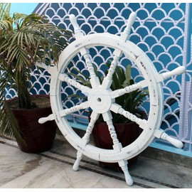 Nautical Handcrafted Wooden Ship Wheel - Home Wall Decor - Nagina International (24 Inches, Antique White)