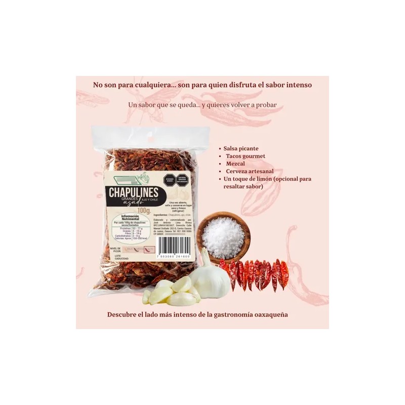 100 G Chapulines Ajo Y Chile Oaxaqueños Grandes Al Vacio