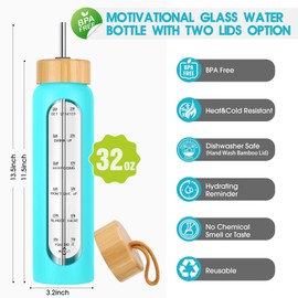 SipZest 32 oz Glass Water Bottle with Straw - Motivational Water Bottle with Time Marker & Silicone Sleeve - Reusable Tumbler Includes 2 Bamboo Lids & Fruit Infuser - 1 Pack
