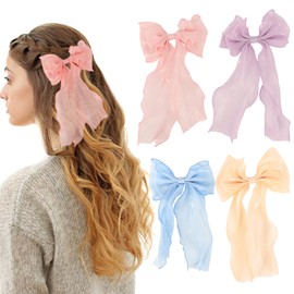 MOTIBACK 4 x Large Hair Bows Clip, Soft Chiffon Bow Hair Clip, Colourful Hair Bow for Women and Girls, Stylish Hair Accessories for Everyday and Celebrations