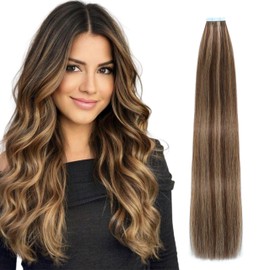 Lveyan Tape in Hair Extensions Human Hair, 18 Inch Chocolate Brown/Dark Blonde Remy Human Hair for Women Skin Weft 20pcs 50g/pack Invisible Tape in Hair Extensions (#P4/27, 18 Inch)