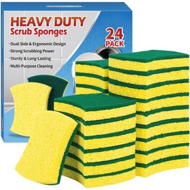 Non-Scratch Cellulose Scrub Sponges 24 Pack, Kitchen Sponge with Double-Side &  Design. Sturdy Sponge for Dishes, Coated Cookware, Sink, Countertops. - Color: Green/Yellow, Size: 12