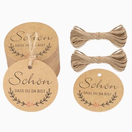 G2PLUS 5 cm Gift Tags "Schön dass du da Bist" Labels Tags Pack of 100 with 20 m Jute String