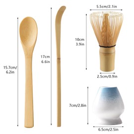 Matcha Tea Set with Whisk and Spoon, Matcha Whisk Kit with Ceramic Whisk Holder Scoop Matcha Ceremony Accessory Set Matcha Gift Set(Blue-White)
