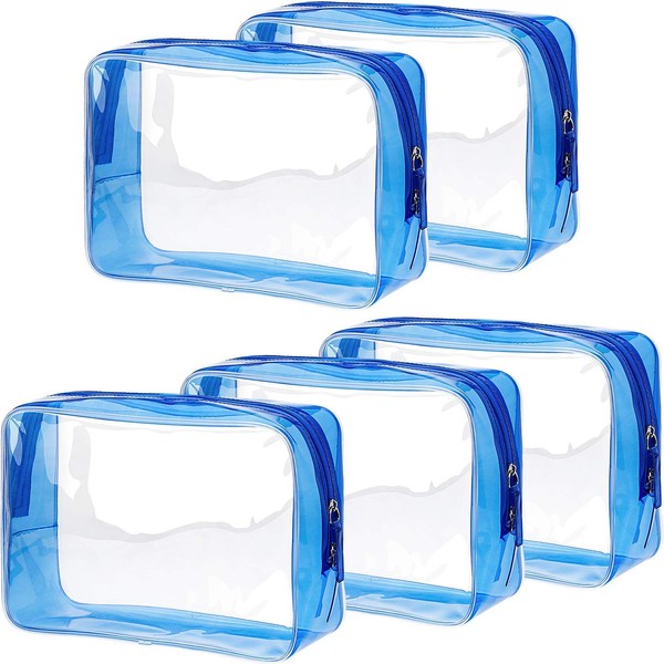 Pangda 5 Pack Clear PVC Zippered Toiletry Carry Pouch Portable Cosmetic Makeup Bag for Vacation, Bathroom and Organizing, Blue, Large,