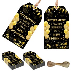 Serencatcher Happy Retirement Party Favor Gift Tags - 50pcs Black and Gold Retirement A Sweet Ending to A New Beginning Thank You Tags with String 1.9x3.5 Inches for Officially Retired Party Favors
