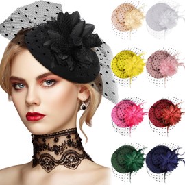 Jeyiour 9 Pcs Fascinators Hats Tea Party Hats for Women with Veil Flower 20s 50s Feather Pillbox Hat with Clips, 9 Colors (Assorted Colors)