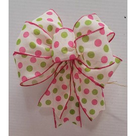 HANDMADE BOW PINK GREEN POLKA DOTS ON WHITE FOR  BASKETS WREATHS SWAG LANTERN