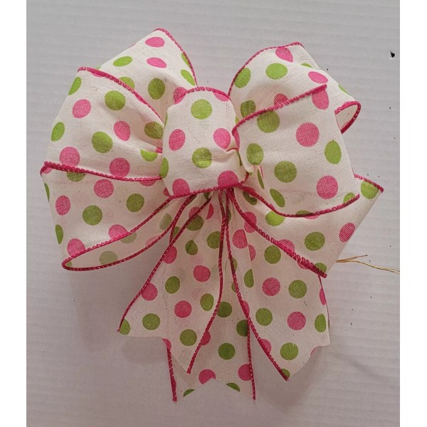 HANDMADE BOW PINK GREEN POLKA DOTS ON WHITE FOR BASKETS