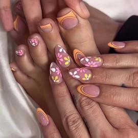 Almond Press On Nails Square Fake Toenails Orange French Tip False Nails With Flower Design Medium Glue On Nails Cute Acrylic Nails Glossy Floral Stick On Nails For Women 48Pcs