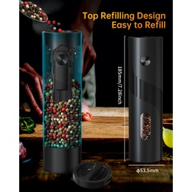 CIRCLE JOY Electric Pepper Mill Top-Refill Battery Operated Black Pepper Grinder with Upgraded Large Capacity, Adjustable Coarseness, Led Light