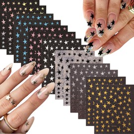 12 Sheets Star Nail Stickers Gold Nail Art Stickers 3D Self Adhesive Nail Decals Silver White Gold Nail Art Decals Holographic Nails Design for Women Girls Nail Accessories DIY Manicure