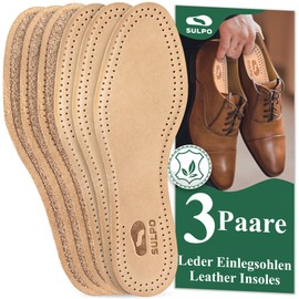 SULPO 3 Pairs of Insoles Made of Vegetable Tanned Leather - Insoles with Natural Cork Against Sweaty Feet for Men and Women Anti Sweat Odour Absorber Soles - Cork Insoles
