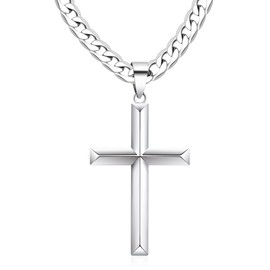Cameido 925 Sterling Silver Cross Necklace for Men Women with Stainless Steel Durable Cuban Link Chain Polished Beveled Edge Cross Chain Pendant Necklace Jewelry 22 Inches
