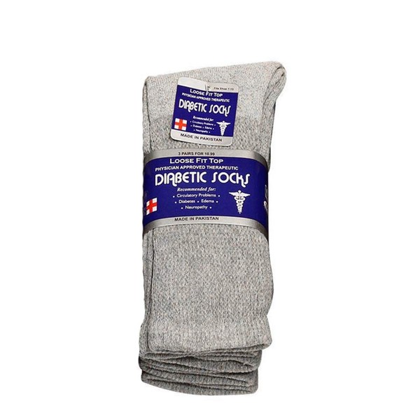 Physicians Approved Diabetic Socks Crew Unisex 3, 6 or 12-Pack, 3 Pairs Grey, 10-13
