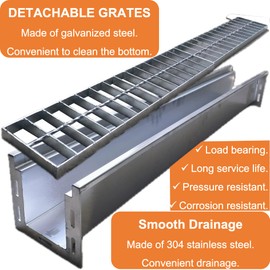 DuuMuut 304 Stainless Steel Channel Drain with Galvanized Steel Grate 39.4x5.9x5.5 in, B-Class 28100 lbs Heavy-Duty Drain Kit for 3" Pipe, Trench Drainage System for Outdoor, Driveway, Garage, Yard