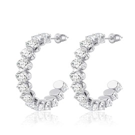 Linawe Silver Half Hoop Earrings for Women, White Gold Chunky Huggie Earrings, Birthstone Rhinestone Imitation Diamond Crystal Earrings, Hypoallergenic Stainless Steel Large Hoops