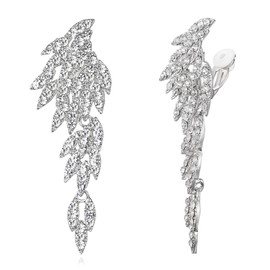 BriLove Wedding Bridal Clip-on Earrings, Art Deco Angel Wings Rhinestone Retro Chandelier Statement Earrings for Women Long Drop Dangling Clear Silver-Tone