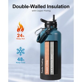 Trebo Water Bottle Insulation 87 oz, Vacuum Stainless Steel Water Jug (Keep Cold for 48 Hrs), LeakProof & Non-BPA, Water Flask with Paracord Handle & Straw Spout Lids, Indigo/Black