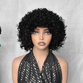 X-TRESS Kinky Curly black Wear and Go Synthetic Wig with Bangs, High-Temperature Fiber, Short Curly Afro Wig for Black Women (Durable & Heat-Resistant & No Glue Needed)