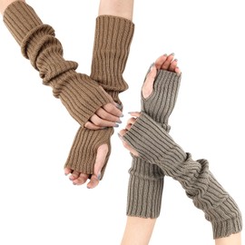 PHOGARY 2 Pairs Long Half Fingerless Gloves Women's Winter Arm Warmers Women's Warm Knitted Arm Warmers Long Pulse Warmer Women with Finger Holes Hand Warmers Arm Warmers for Autumn Winter B, Khaki,