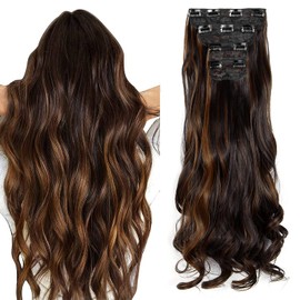 4PCS 24 Inch Long Wavy Clip in Hair Extensions 11Clips Hair Extensions Synthetic Hair Pieces for Women Girls Full Head Set Thick Curly Wavy Synthetic Hair Extensions Dark Brown Mix Light Auburn