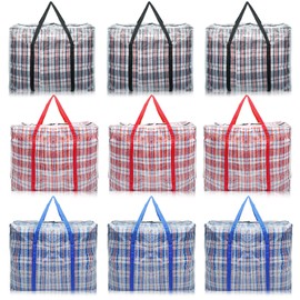 Seuqhck 9 Pack 70L Checkered Moving Storage Bags, Large Travel Plaid Bag for Storage Box with Zipper, Heavy Duty Laundry Tote Organizer with Handle for Cloths, Pillow, Bedding, Red, Blue, Black