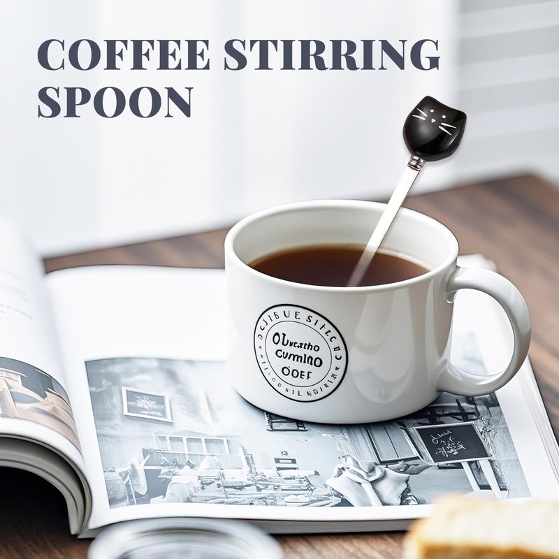 Cute Cat-Shaped Coffee Spoon Set - Black and White Cat