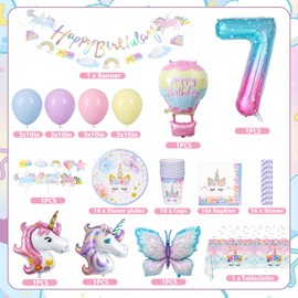 Unicorn Party Tableware Set, Unicorn Birthday Decoration 7 Years Girls, Birthday Party Tableware, Paper Plates Children's Birthday Party with Unicorn Balloons for 7th Birthday Girl Decoration