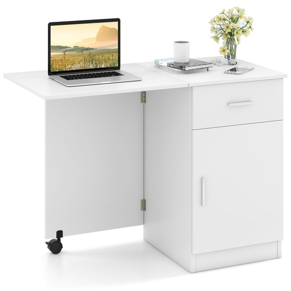 Tangkula Folding Computer Desk with Storage Drawer & Cabinet, Compact