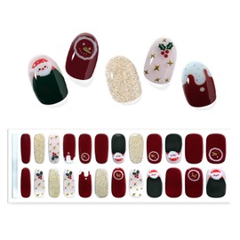 SILPECWEE Semi Cured Gel Nail Strips (Christmas Classic - 24PCS), Gel Nail Stickers Full Nail Wraps Need UV Light, Salon Quality & Easy To Use - with Prep Pads, Nail File, Wood Stick