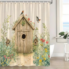 JWJAMM Outhouse Shower Curtain Vintage Rustic Primitive Country Farmhouse Bird Floral Plant Wooden Grassland Western Country Backhouse Green Bath Curtains with Hook,70x70 Inch