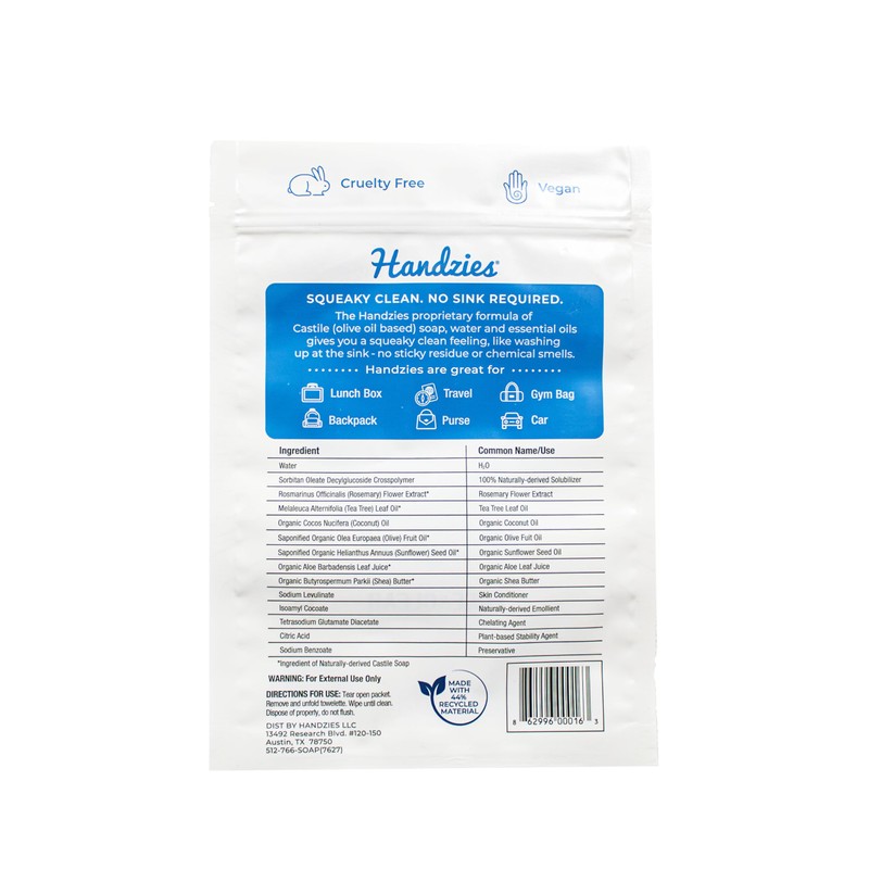 Handzies Natural Soap and Water Hand Wipes, Free & Clear,