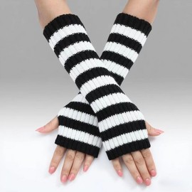 Student Knitted Loose-Fit Striped Mid-Long Fleece Arm Warmers with Half-Finger Gloves Unisex 30cm Coffee+Beige Stripe Gloves + Free Size 10ea