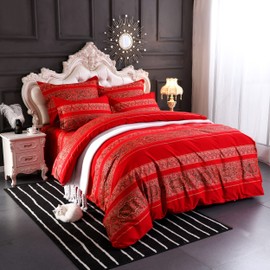 Softta Boho Beddding Set King Size 3Pcs Bohemian Vintage Floral Duvet Cover Sets Colorful Stripe Damask Paisley Pattern 100% Brushed Cotton 1 Duvet Cover +2 Pillow Shams Red