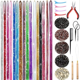 Hair Tinsel Kit 36 Inch, 48 Inch ,16 Colors, 3200 Strands Glitter Sparkling Tinsel Hair Extensions with Tools, Heat Resistant Fairy Hair Tinsel Kit for Women Girls Cosplay Party Festival Hair Accessories (36 Inch)