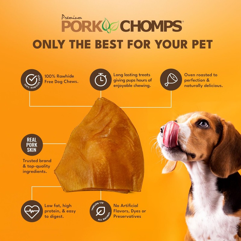 Pork Chomps Roasted Pork Skin Dog Chews, 5-inch Ear Shapes,