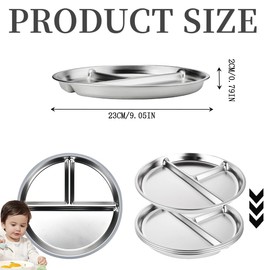 Hundredweat Pack of 2 Stainless Steel Children's Plates, Divided Food Tray, 23 cm Portion Control Plates, Bariatric Plate, Dinner Plate for Adults, Camping Esstray (Three Grids)