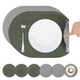 comfoyar Faux Leather Oval Placemats with Coasters Set of 6, 12x18 Inch Non-Slip Heat Resistant Dual-Sided Green Grey Place Mats, Waterproof Table Mats for Kitchen Dining Party Table Decoration