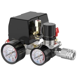 Air Compressor Pressure Switch Control Valve, cnaodun 90-120 PSI Air Compressor Switch Equips Four-port Pressure Regulator Gauge 1/4 NPT Thread
