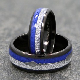 Black Plated Tungsten Carbide 8mm COMFORT FIT Wedding Band Blue Lapis Lazuli Inlay and Meteorite Inlay with Arrow Ring Size 12.5