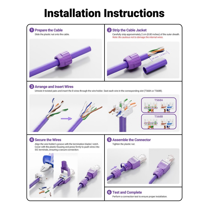 VCELINK CAT6 Tool-Free RJ45 Connector, No-Crimp Compact UTP Reusable Plug